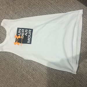 Under Armour White Sleeveless Shirt with Orange and Black Logo